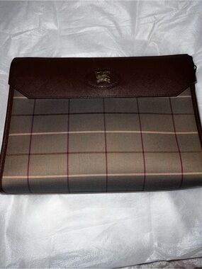 Burberry Brown Plaid Leather-Trim Briefcase Clutch